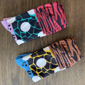 Patchwork Animal Print Crew Socks: Mismatched Bold Patterns, Unisex Mid-Calf Comfort