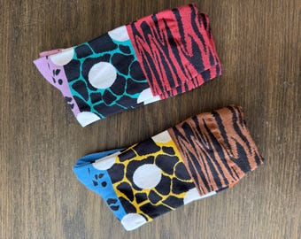 Patchwork Animal Print Crew Socks: Mismatched Bold Patterns, Unisex Mid-Calf Comfort