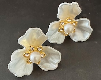 Oversized White Floral Stud Earrings, Pearl Crystal Accents, Romantic Bridal Jewelry