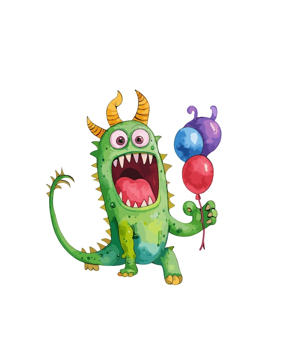 Funny Green Monster Cartoon Clipart - Kids Birthday Illustration