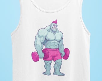 Camiseta de tirantes de gimnasio con diseño de hombre fuerte de dibujos animados/Camiseta de culturismo con ajuste muscular/Ropa de fitness para hombre