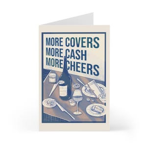 Wenskaarten voor restaurants en feestdagen | Monochromatisch blauwbeige | Meer covers Meer contant geld Meer gejuich | Illustratie tafelinstelling