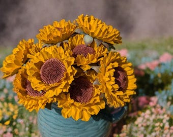 Handcrafted Paper Sunflowers on Stems One Dozen Eco Friendly