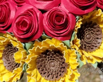 Sunflowers Fifteen on Stems Paper Roses Three Dozen Hand Rolled Roses Stems colors of your choice centerpieces bouquets