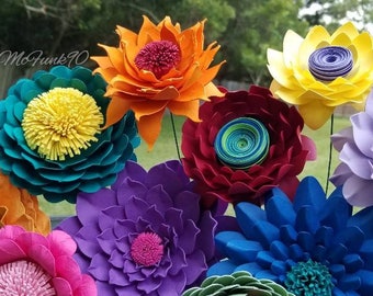 Paper Flowers on Stems: Colorful Bespoke Bouquet, Party Decor (One Dozen)