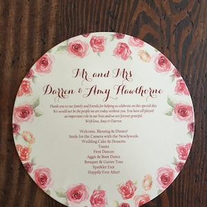Round Wedding Menu -Circle Menu - Formal Dinner Menu -Round Party Menu - Rose Floral Design - 6.25, 7, 7.25, or 8 Inch Circles