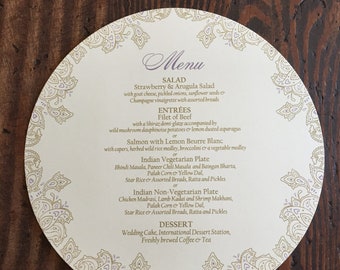 Indian Wedding Dinner Menu – Henna Paisley Design, Round Circle