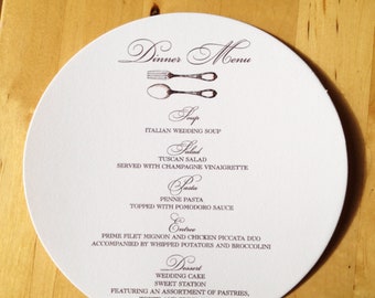 Vintage Round Wedding Menu, Elegant Fork & Spoon Design