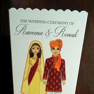 Puede incluir: Una caja de palomitas blanca con borde festoneado, decorada con una ilustración de boda. La imagen muestra a una pareja con vestimenta tradicional india. El texto dice "The Wedding Ceremony of Raveena & Ronak", con la fecha 9 de junio de 2018 y la ubicación.