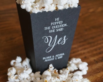 Black Wedding Favor Popcorn Box - Custom Printed White Ink Popcorn Favor Container - Black White Chalkboard Personalized Wedding Popcorn Bag