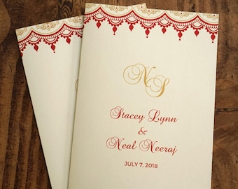 Indian Wedding Program - Indian Wedding Booklet Program - Red Hindu Wedding Folded Program Order of Events - Baraat Ceremony Program