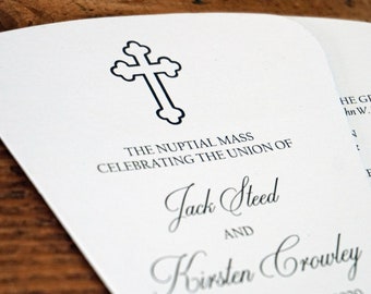 Christian Wedding Program- Wedding Fan Program with Cross Design -  Catholic Ceremony Wedding Program - White Metallic Paper Silver Grommet
