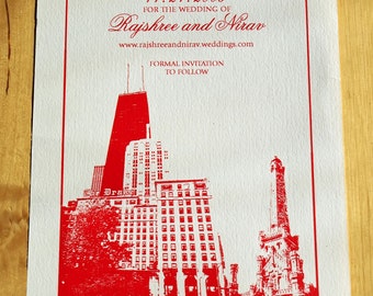 Chicago Wedding Save the Date - John Hankcock Wedding Save the Date- Drake Hotel Wedding - Chicago Skyline Invitation - Red