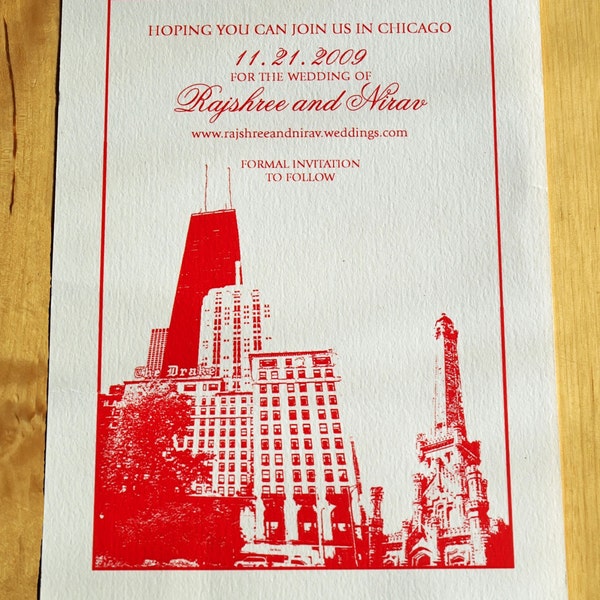 Chicago Wedding Save the Date - John Hankcock Wedding Save the Date- Drake Hotel Wedding - Chicago Skyline Invitation - Red