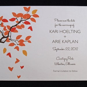 Wedding Save the Date Card Tree Hearts & Falling Autumn Leaves Wedding Invitation Rustic Save the Date Wedding Invitation image 1