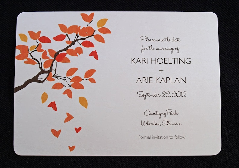 Wedding Save the Date Card Tree Hearts & Falling Autumn Leaves Wedding Invitation Rustic Save the Date Wedding Invitation image 1