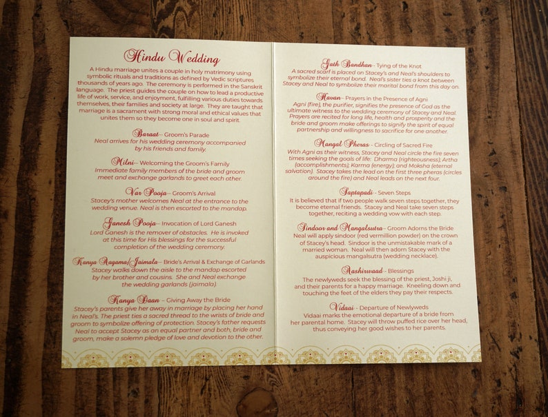 Baraat Ceremony Program Indian Wedding Ceremony Folded Program Hindu Wedding Bi-Fold Booklet Program Red and Gold India Wedding Program