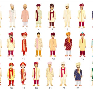 Puede incluir: Ilustraci&oacute;n de 24 hombres vestidos con atuendos tradicionales de boda indios. Cada hombre lleva un atuendo diferente con varios colores, patrones y accesorios. Los hombres est&aacute;n de pie en filas de cuatro, con n&uacute;meros debajo de cada figura.