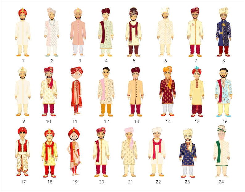 Puede incluir: Ilustraci&oacute;n de 24 hombres vestidos con atuendos tradicionales de boda indios. Cada hombre lleva un atuendo diferente con varios colores, patrones y accesorios. Los hombres est&aacute;n de pie en filas de cuatro, con n&uacute;meros debajo de cada figura.