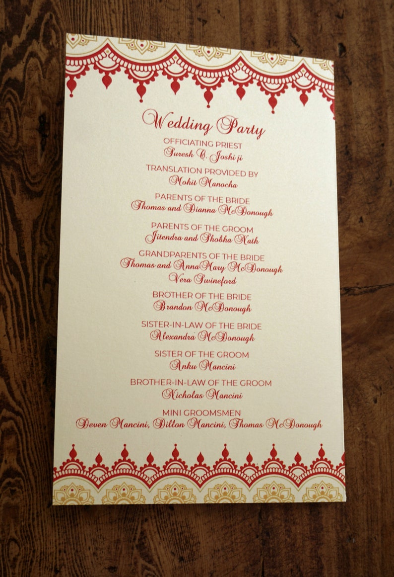 Baraat Ceremony Program Indian Wedding Ceremony Folded Program Hindu Wedding Bi-Fold Booklet Program Red and Gold India Wedding Program