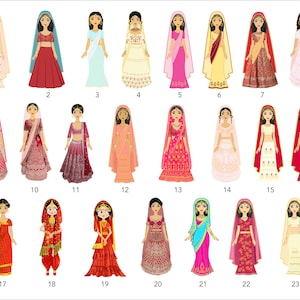 Puede incluir: Una colecci&oacute;n de 23 ilustraciones de mujeres con atuendos tradicionales de boda indios. Cada mujer est&aacute; representada con un atuendo diferente, con una variedad de colores, patrones y estilos de saris, lehengas y dupattas.