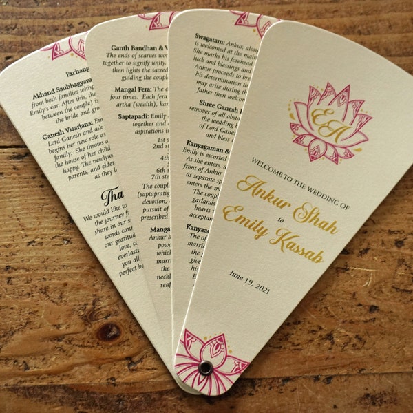 Indian Wedding Fan Program - Hindu Wedding Ceremony Fans Program - Lotus Flower Program Fan Design