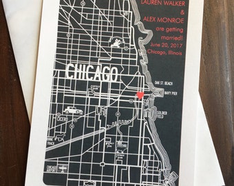 Réservez la date de la carte de Chicago - Faire-part de mariage modifiable à Chicago - Faire-part de mariage personnalisé Chicago