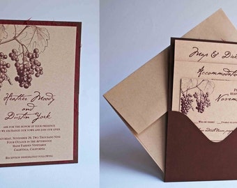 Vineyard Wedding Invitation -  Rustic Wine invitation - Wine Country Wedding - Kraft/Burgundy/Chocolate Brown Pocket Invitation