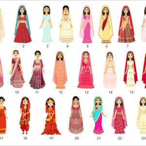 以下が含まれることがあります： インドの伝統的な結婚式衣装を着た女性のイラストが23点集められています。それぞれの女性は、サリー、レヘンガ、ドゥパッタなど、さまざまな色、柄、スタイルの衣装を着ています。