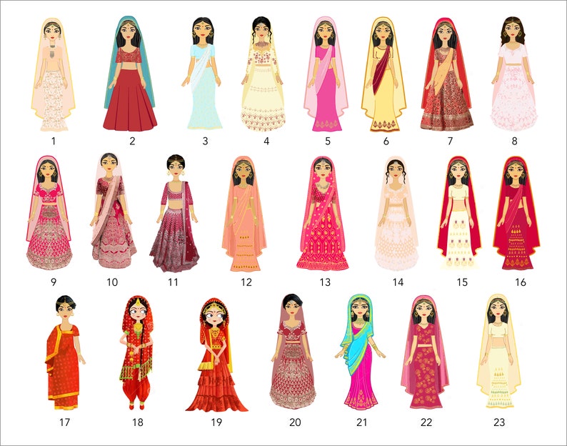 以下が含まれることがあります： インドの伝統的な結婚式衣装を着た女性のイラストが23点集められています。それぞれの女性は、サリー、レヘンガ、ドゥパッタなど、さまざまな色、柄、スタイルの衣装を着ています。