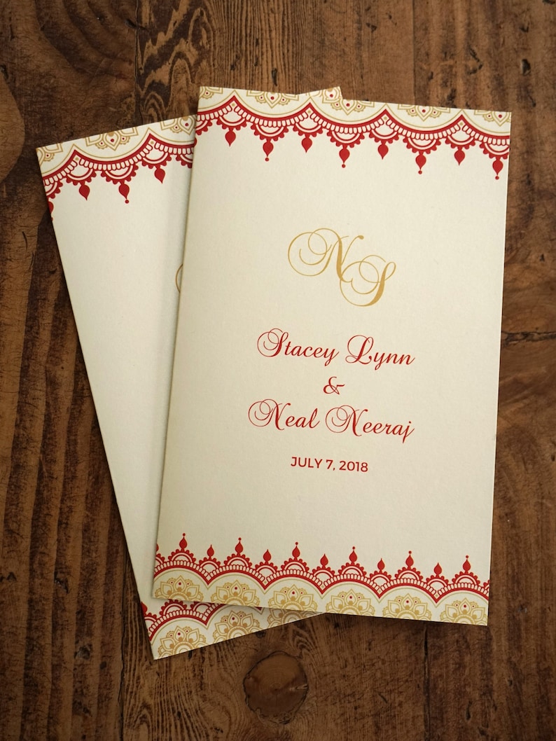 Baraat Ceremony Program Indian Wedding Ceremony Folded Program Hindu Wedding Bi-Fold Booklet Program Red and Gold India Wedding Program