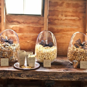Pu&ograve; includere: Tre contenitori di vetro pieni di popcorn e popcorn al caramello, con fiocchi di nastro nero su ogni contenitore. I contenitori sono su un tavolo di legno con piccoli coni di carta e cartelli che dicono "Popcorn al caramello salato" e "Popcorn al cheddar bianco".