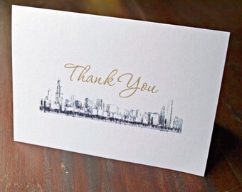 Chicago Skyline Thank You Card - Wedding Thank You Card - Mailing Envelope - Thank You Note - Folded - White Metallic Paper