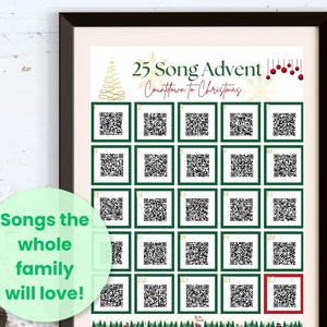 Advent Calendar Playlist Christmas Countdown for the whole family. Instant download daily spotify QR code. To Print, frame, send, and share.