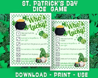 Saint Patrick's Day Candy Dice Game, Fun Printable Family Game or Kids Activity for St. Patty's Day Party Fun for Home or School Classroom