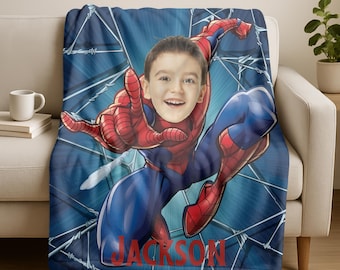 Custom Spider Hero-deken met naam, gepersonaliseerde superheldendeken met grappig gezicht, superheldenthema-ontwerp voor kind, foto kerstcadeau
