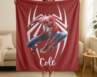 Manta personalizada de Spider-Hero con nombre, manta personalizada de superhéroe con nombre para niños, diseño de superhéroe para niños, regalo de Navidad con nombre de bebé.
