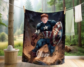 Manta personalizada del Capitán América con nombre, divertida manta infantil de superhéroe con diseño de Disney, regalo de Navidad con foto.