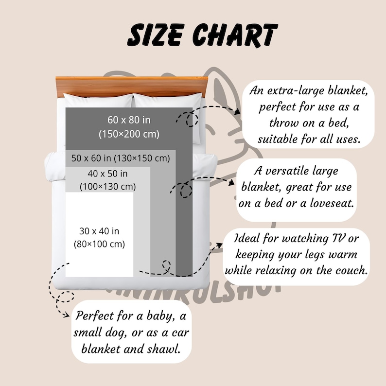 Puede incluir: Tabla de tallas de mantas, mostrando dimensiones en pulgadas y cent&iacute;metros. Incluye tama&ntilde;os: 60 x 80 in (150x200 cm), 50 x 60 in (130x150 cm), 40 x 50 in (100x130 cm) y 30 x 40 in (80x100 cm). Texto describe usos.