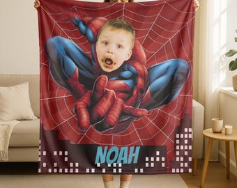 Custom Spider Hero-deken met naam, gepersonaliseerde superheldendeken met grappig gezicht, superheldenthema-ontwerp voor kind, foto kerstcadeau