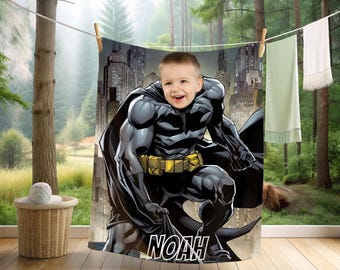 Manta personalizada de superhéroe con nombre, divertida manta infantil personalizada con cara de superhéroe, diseño de superhéroe para niños, foto para niños, regalo de Navidad.