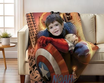 Manta personalizada del Capitán América con nombre, divertida manta infantil de superhéroe con diseño de Disney, regalo de Navidad con foto.