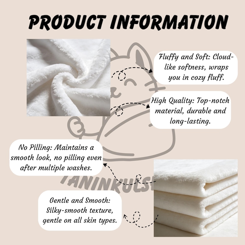 Puede incluir: Imagen de informaci&oacute;n del producto de una manta blanca. El texto describe la suavidad, la alta calidad y la textura suave del producto. Primeros planos muestran la textura y una pila de mantas dobladas. El texto tambi&eacute;n menciona que no hace bolitas.