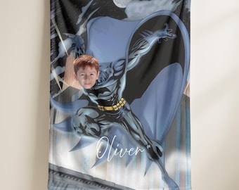 Custom Bat Hero Blanket with Name,Personalized Funny Kids Face Super Hero Blanket,Superhero Theme Design for Child,Boys Photo Christmas Gift
