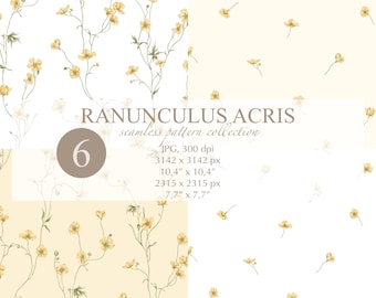 Motivo floreale senza soluzione di continuità, carta digitale, motivi floreali, arte dei fiori, stampa botanica ad acquerello disegnata a mano, sfondi botanici gialli