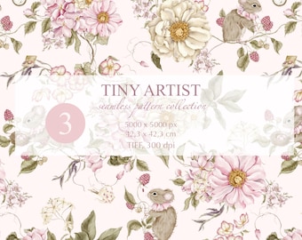 Naadloos muispatroon, schattige vintage muizen, digitaal kinderpapier, handgetekende bloemenachtergrond, babykunst, botanische illustratie, dierenprint