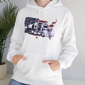Patriotic American Truckers Big Rig, uniseks Heavy Blend™-sweater met capuchon voor alle gelegenheden, sterke en onbevreesde hoodie met vlag van de VS