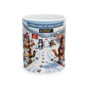 Tasse en céramique blanche classique de ski de chat de Pennsylvanie de Leo | Tasse mode vacances Grumpy Cats On PA (11 oz, 15 oz)