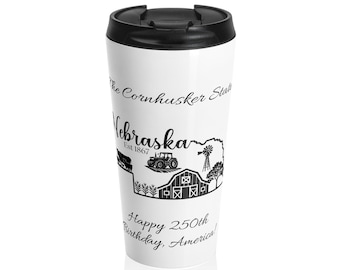 Tazza da viaggio Nebraska, regalo per il 250° compleanno degli Stati Uniti, fiaschetta in acciaio inossidabile personalizzata, bicchiere con soprannome dello stato del Nebraska, bicchieri personalizzati