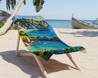 Personalizable #1 Custom Tropical Beach Towel, Summer Vacation Towel, Relaxing Beach Blanket, Boats and Beaches Towel, Calm Ocean Towel